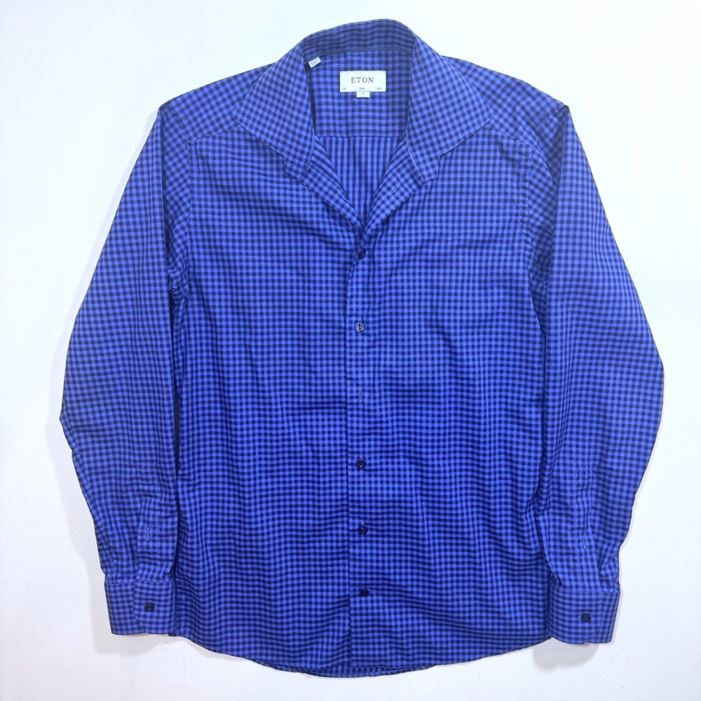 Eton Button Down Shirt Slim Fit Purple Blue Gingham Check M 15.5 Business Casual
